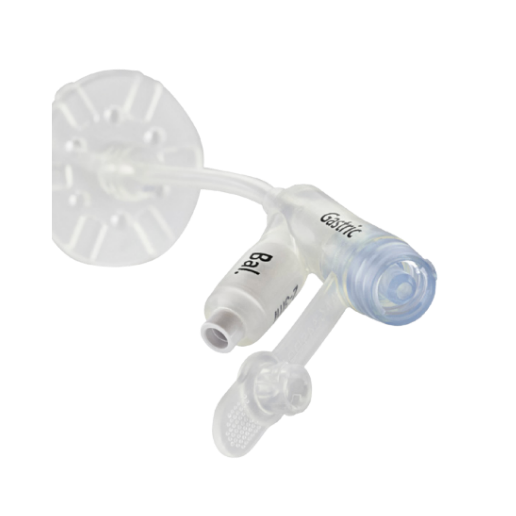 Single MIC G enteral balloon gastrostomy tube featuring a clear silicone shaft, inflation port, and feeding port.