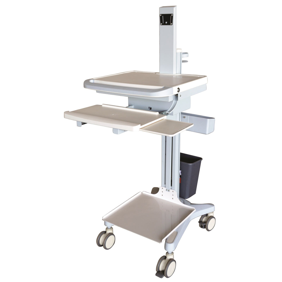 Computer Trolley With Printer Shelf shown without a computer, with keyboard tray, mouse tray and lower shelf
