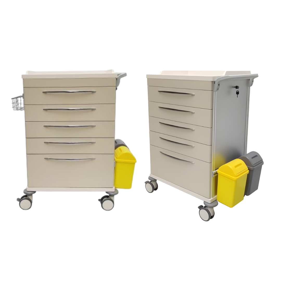 Medicine Trolley with 5 drawers offering durable storage, easy mobility, and organised access for medications in hospitals, aged care, and home care.