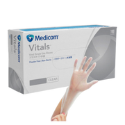 Medicom Vinyl Clear Powder Free Gloves in dispenser box – latex-free, hygienic gloves for everyday protection.