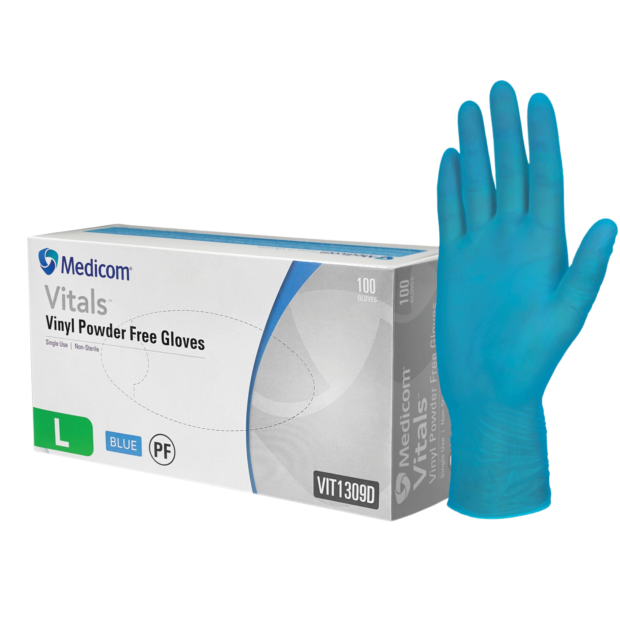 Medicom Vitals Vinyl Blue Powder Free Gloves box.