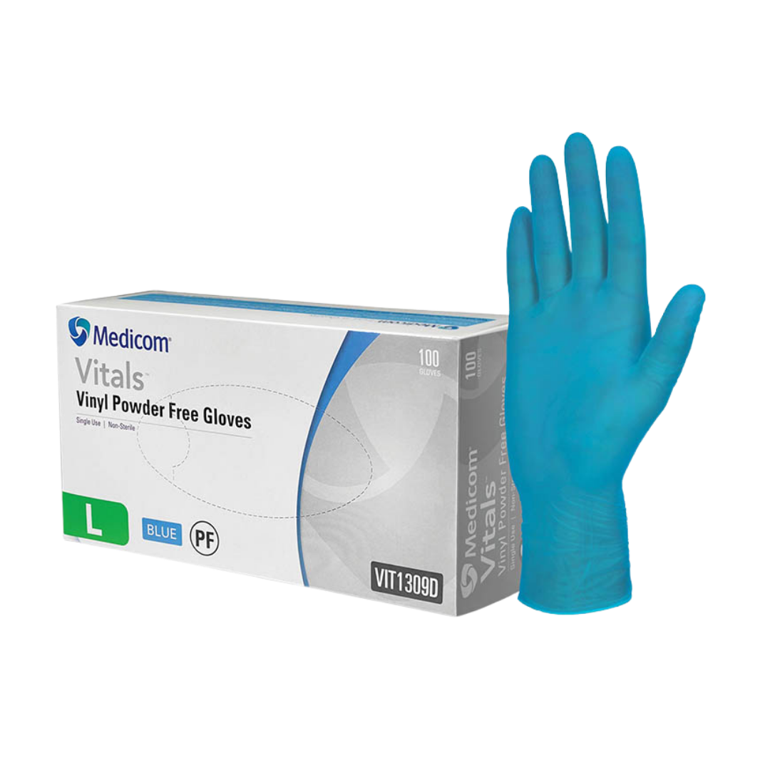 Medicom Vitals Vinyl Blue Powder Free Gloves box.