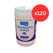 Container of Medipro isopropyl wipes with a red circle indicating 120 pieces on a white background