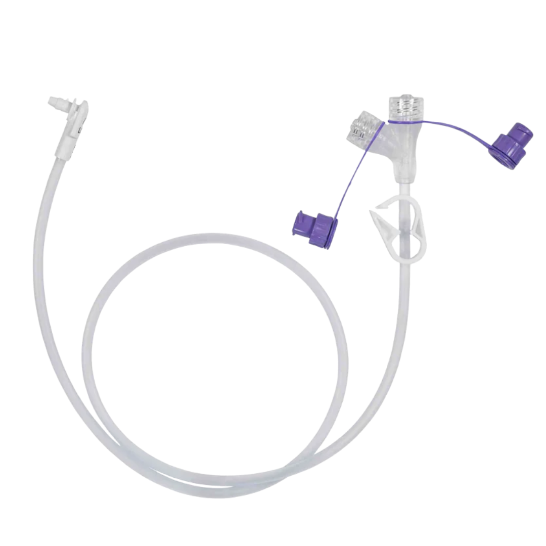 Mic-Key 60.9cm low profile ENFit extension set with right angle connector, dual Y ports and clamp, durable tubing for secure enteral feeding use daily