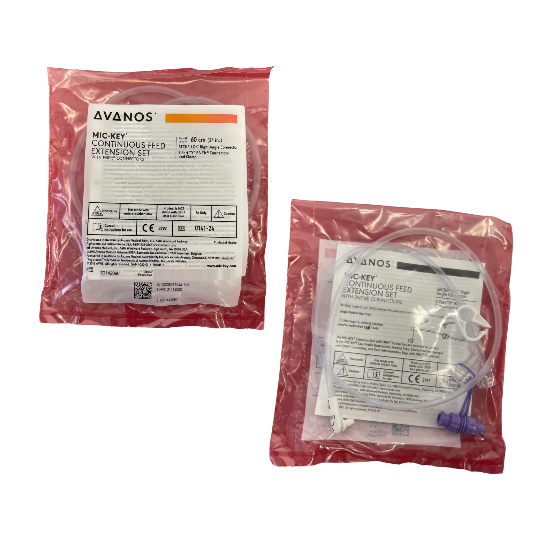 Two packaged medical supplies on a white background: a sealed red pouch labeled AVANOS MIC-KEY CONTINUOUS FIELD EXTENSION SET on the left, and another sealed red pouch on the right containing a tube and small blue connector with a white AVANOS label.