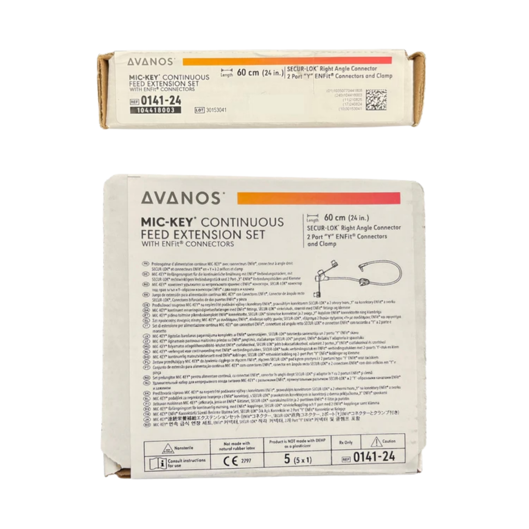 Two boxes of Avanos Mic-Key Continuous Feed Extension Set, showing both the front and back packaging details on a white background.