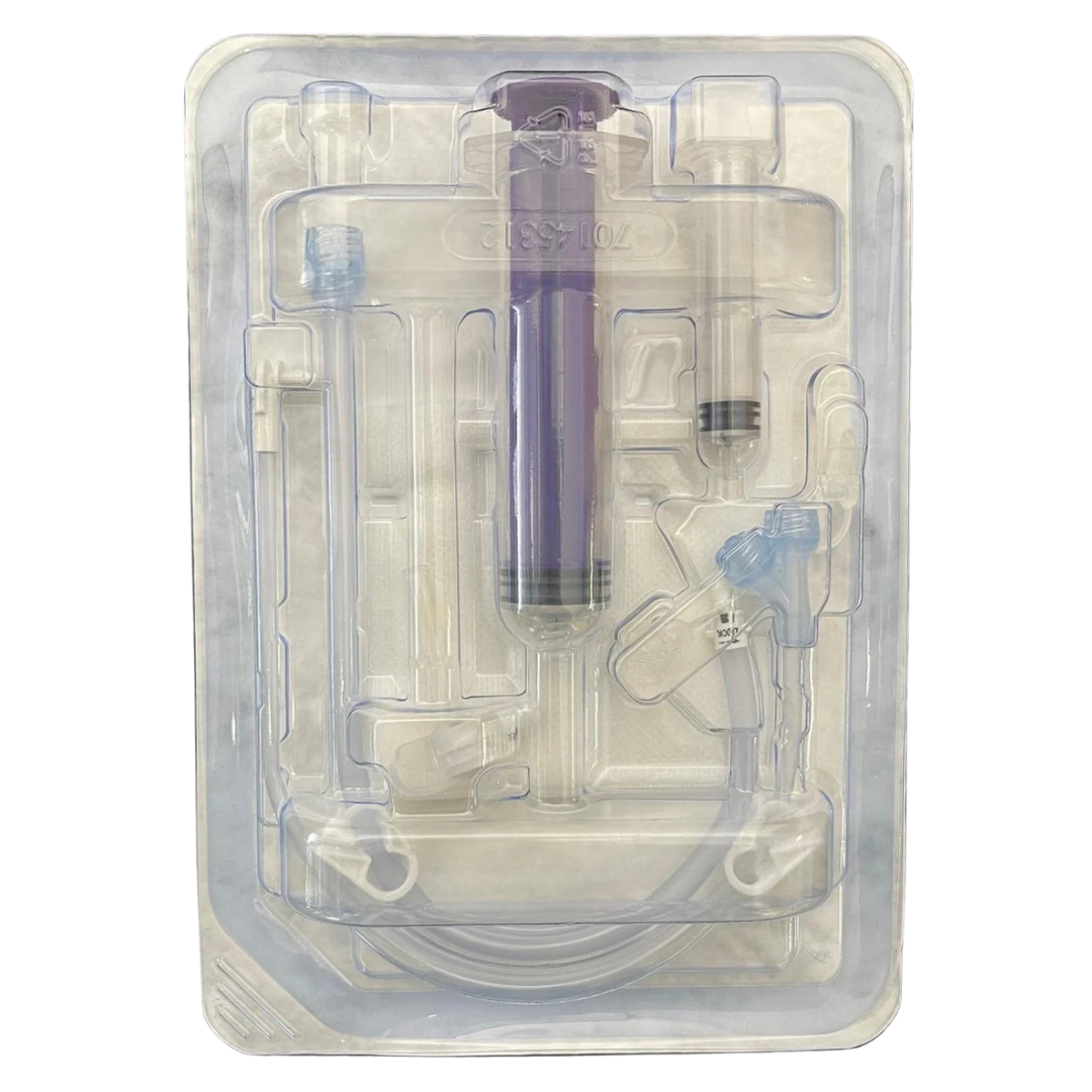 Mic-Key G 18 French low-profile balloon gastrostomy feeding tube with ENFit extension set, showing a flat button-style external port connected to a flexible extension tubing with ENFit connector.