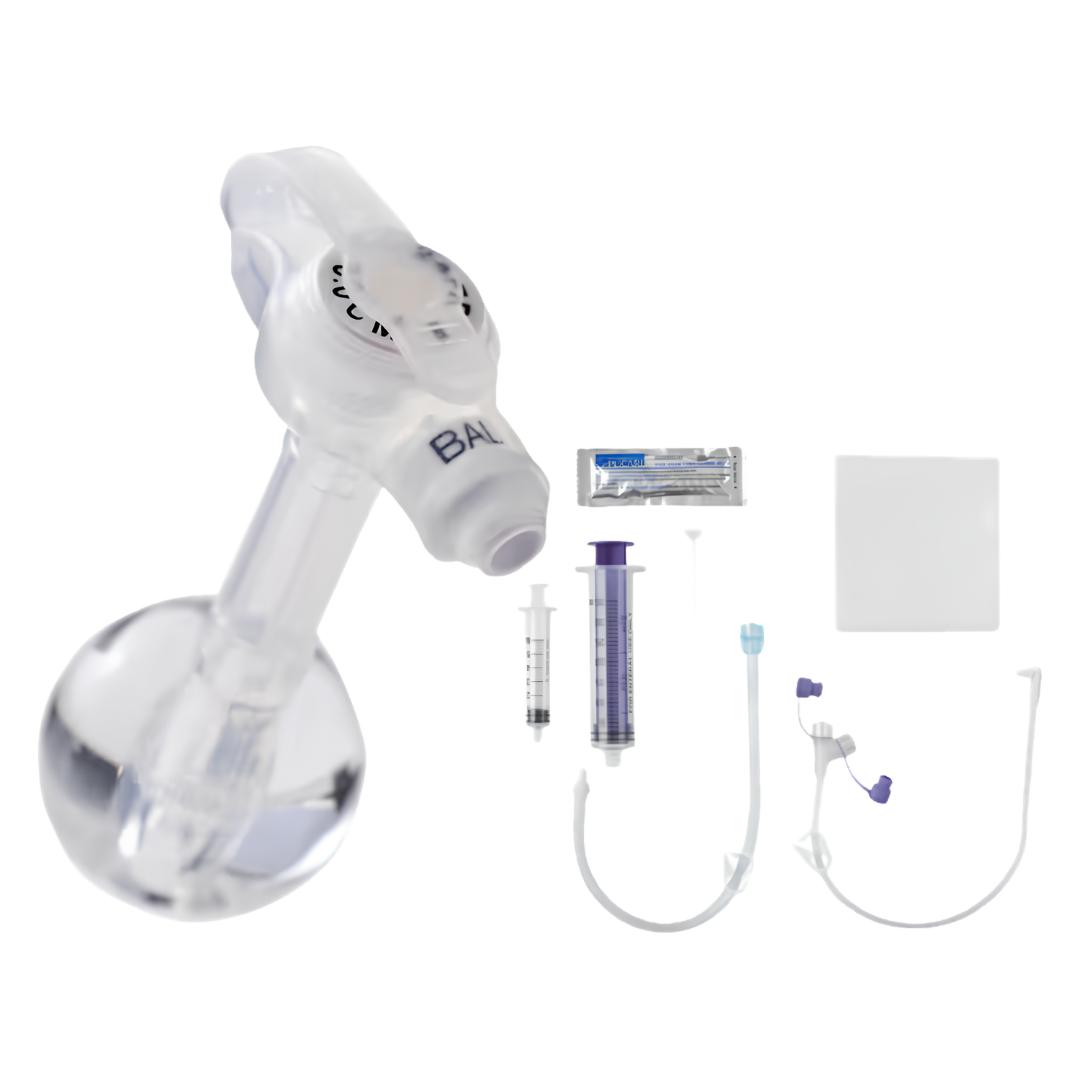 Mic-Key G 24 French low-profile balloon gastrostomy feeding tube with ENFit extension set, medical device designed for enteral feeding, featuring a flat button-style port and detachable extension tubing.