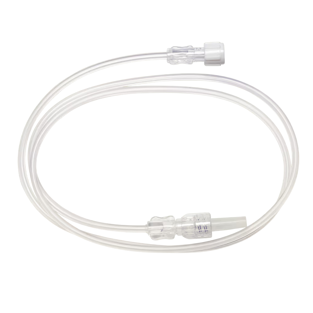 Sterile single-use microbore extension set, female to male Luer Lock with rotating collar, reduces priming volume, secure IV connection in patient care.