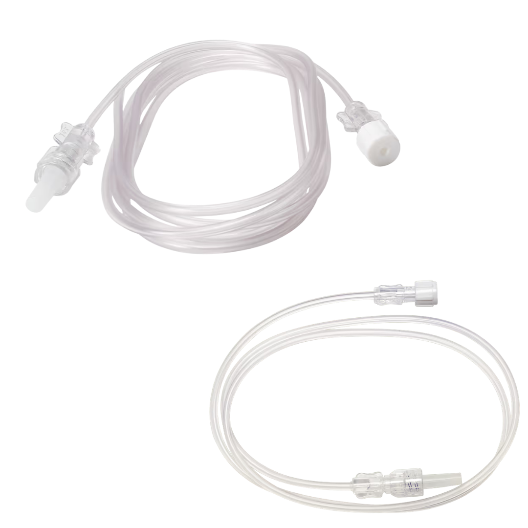 Sterile single-use microbore extension set, female to male Luer Lock with rotating collar, reduces priming volume, secure IV connection in patient care.