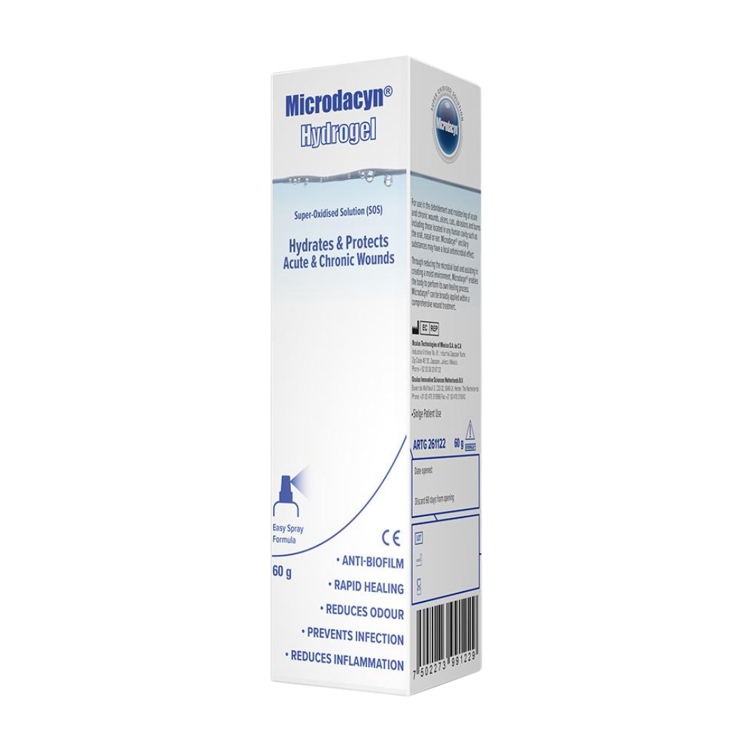 Microdacyn Wound Care Hydrogel 60g spray bottle for moist wound healing, providing non-toxic hydration and antimicrobial support for dry or low-exudate wounds.