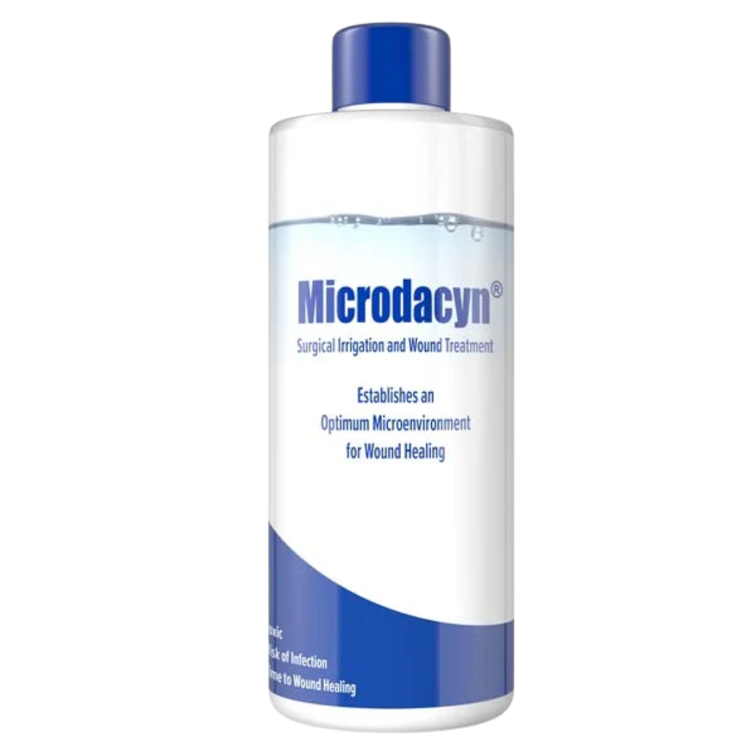 Microdacyn Wound Care Solution 990mL spike bottle for sterile, non-toxic wound irrigation and antimicrobial cleansing in clinical and surgical care settings.