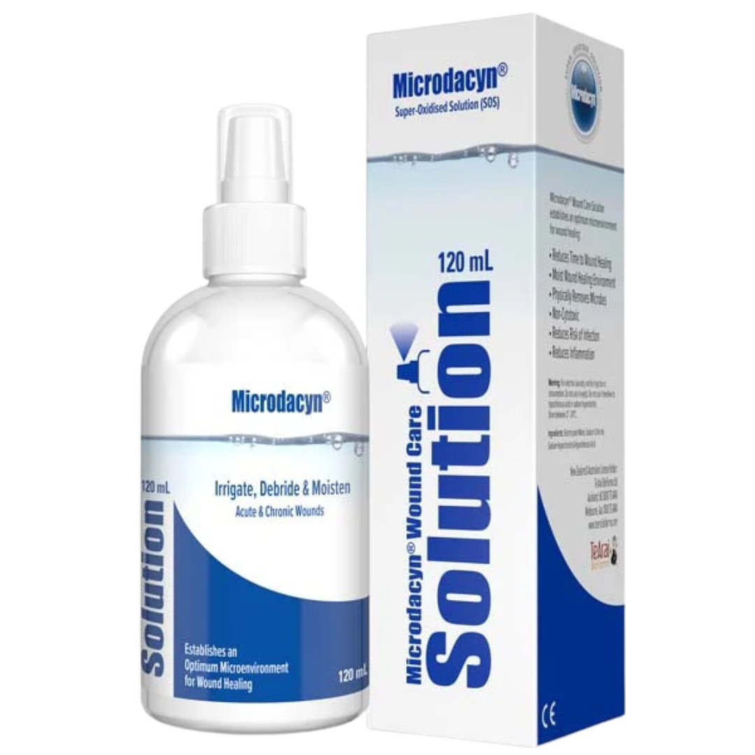 Bottle of Microdacyn Wound Care Spray 120mL with spray nozzle, designed for safe, non-toxic cleansing of acute, chronic, and post-surgical wounds.