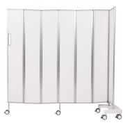 Mobile privacy screen with folding white panels on wheels and a side handle.