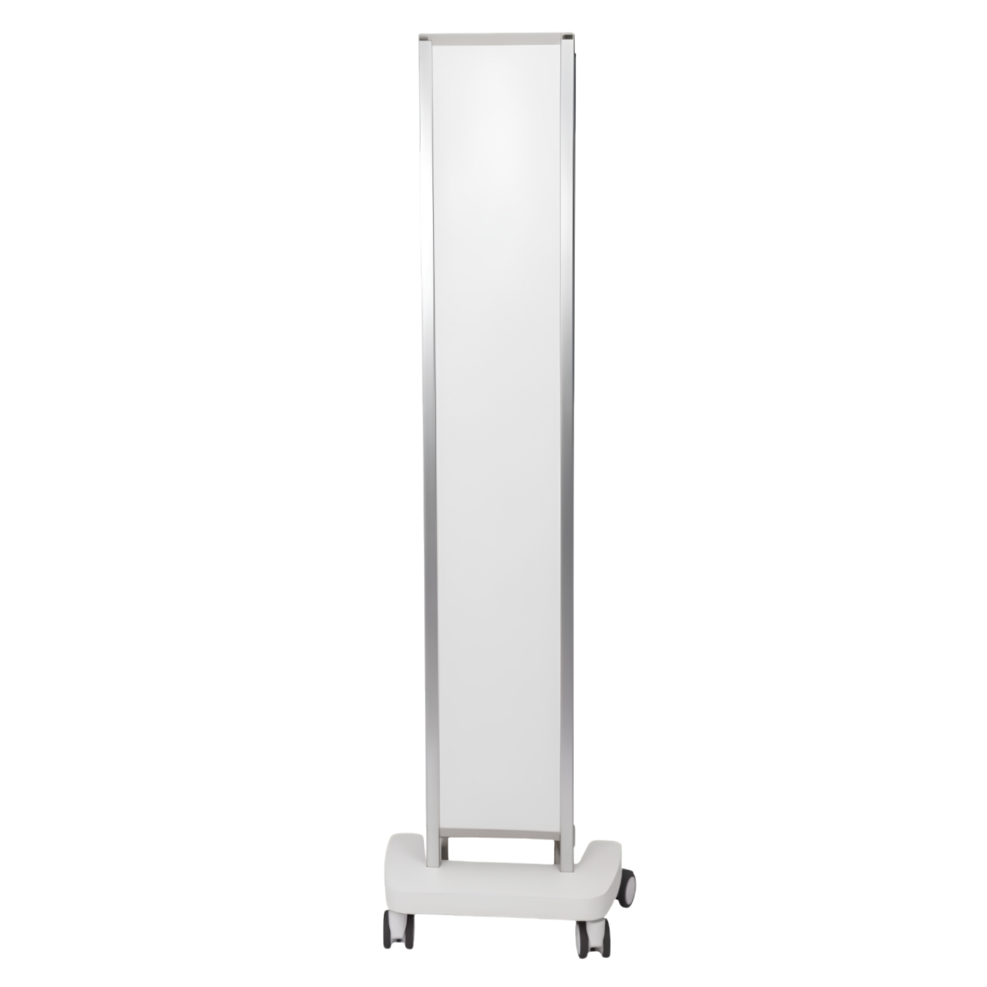 Folded mobile privacy screen with compact stacked white panels on wheels.