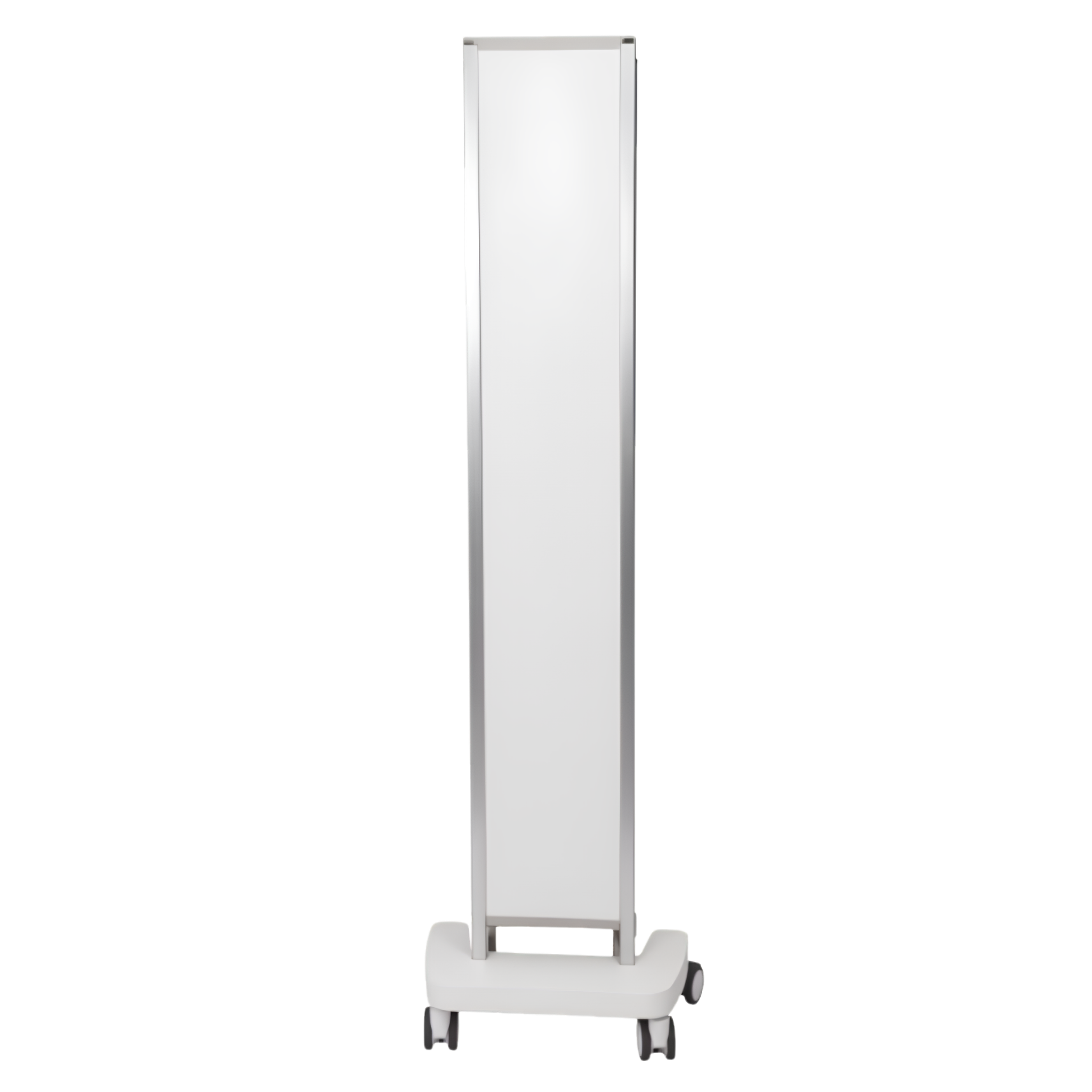 Folded mobile privacy screen with compact stacked white panels on wheels.