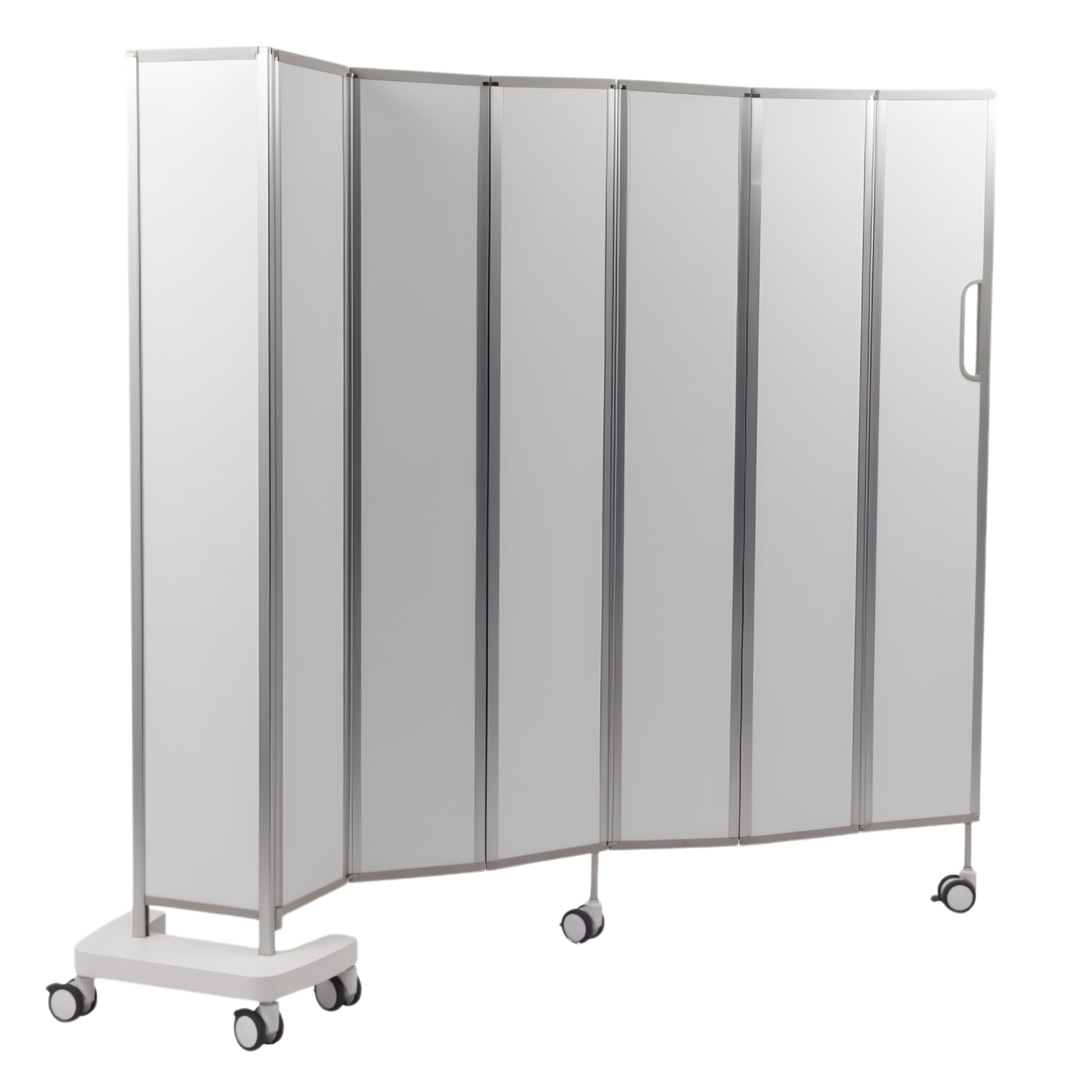 Side angle view of a mobile privacy screen with folding white panels on wheels.