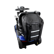 Durable rear bag in backpack style for mobility scooters, attaches securely to seat back, spacious storage for personal items and daily essentials.