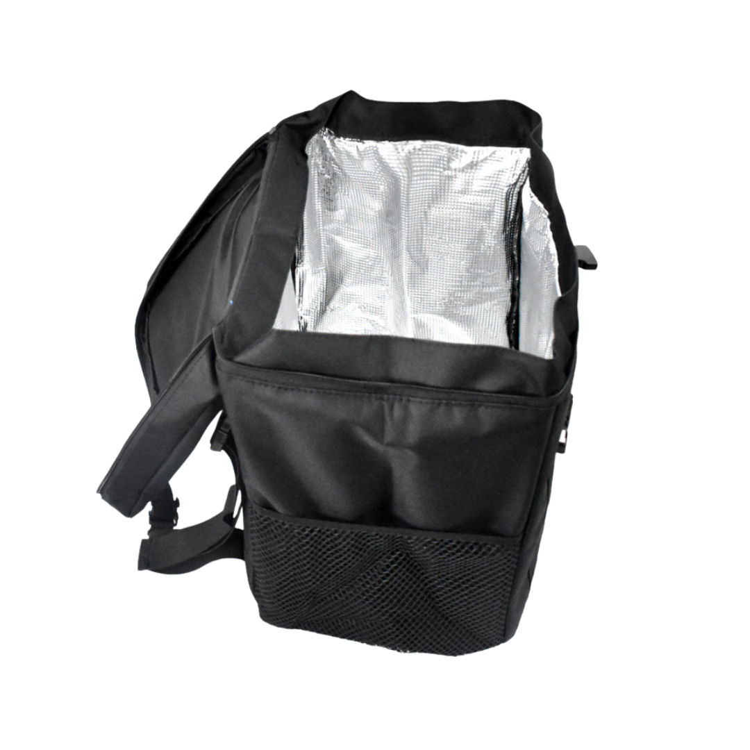Durable rear bag in backpack style for mobility scooters, attaches securely to seat back, spacious storage for personal items and daily essentials.