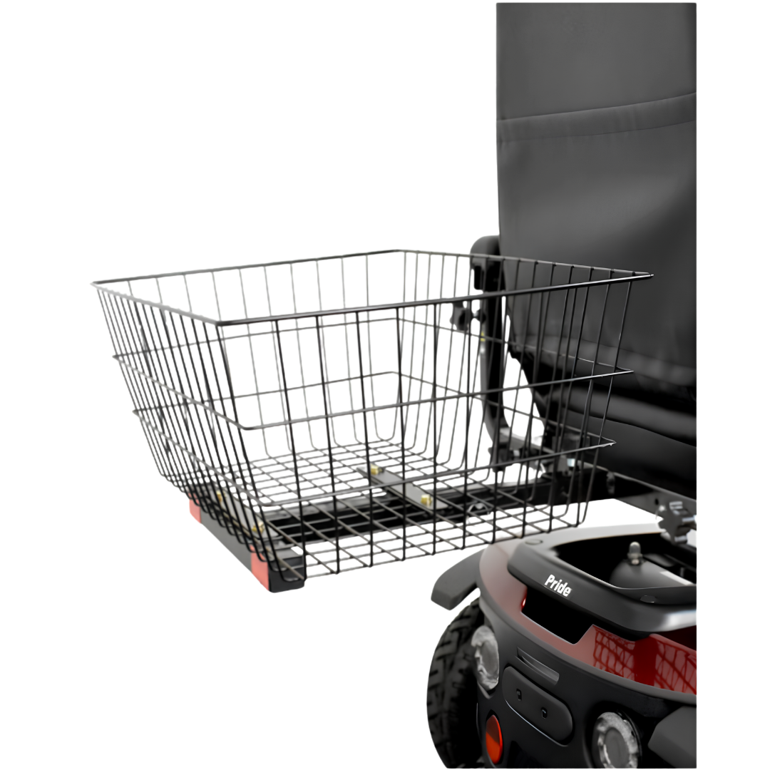 Mobility scooter rear basket with secure mounting, durable wire design, spacious storage for personal items, supports convenience and independence on the go.