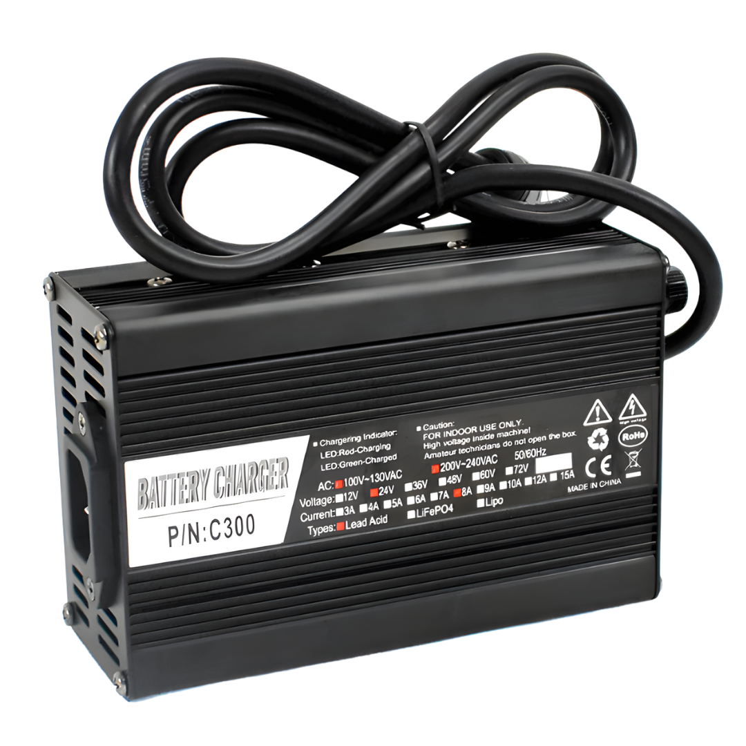 Universal 8AMP mobility scooter charger delivering fast, safe, and reliable power, ideal for larger scooters, aged care facilities, and NDIS participants.