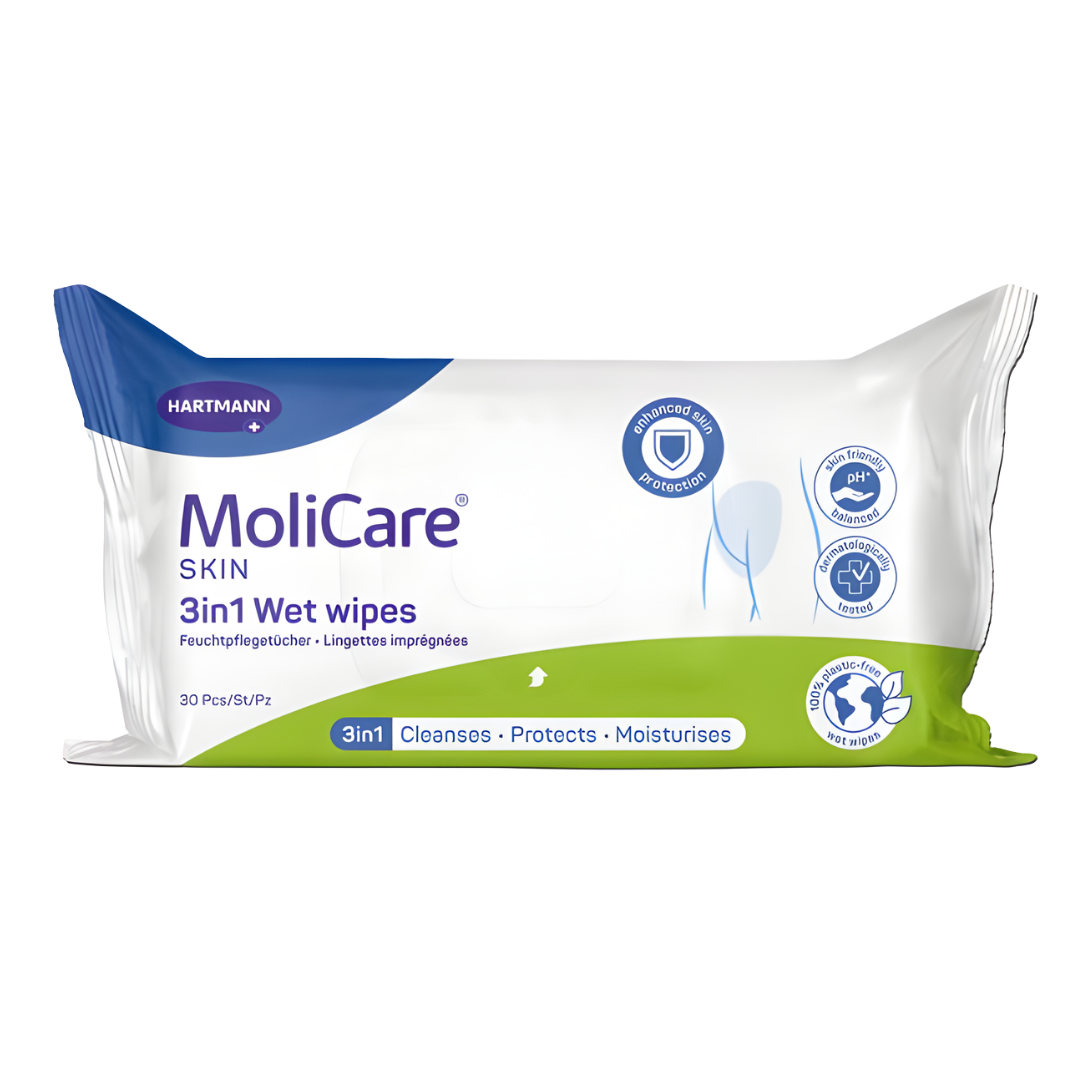 MoliCare Skin 3-in-1 Wet Wipes cleanse, moisturise, and protect sensitive skin for daily continence care.