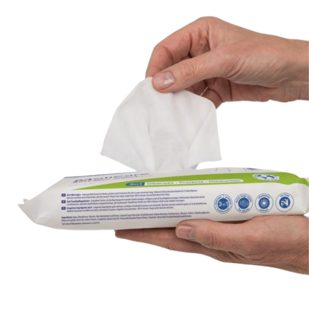 MoliCare Skin 3-in-1 Wet Wipes cleanse, moisturise, and protect sensitive skin for daily continence care.