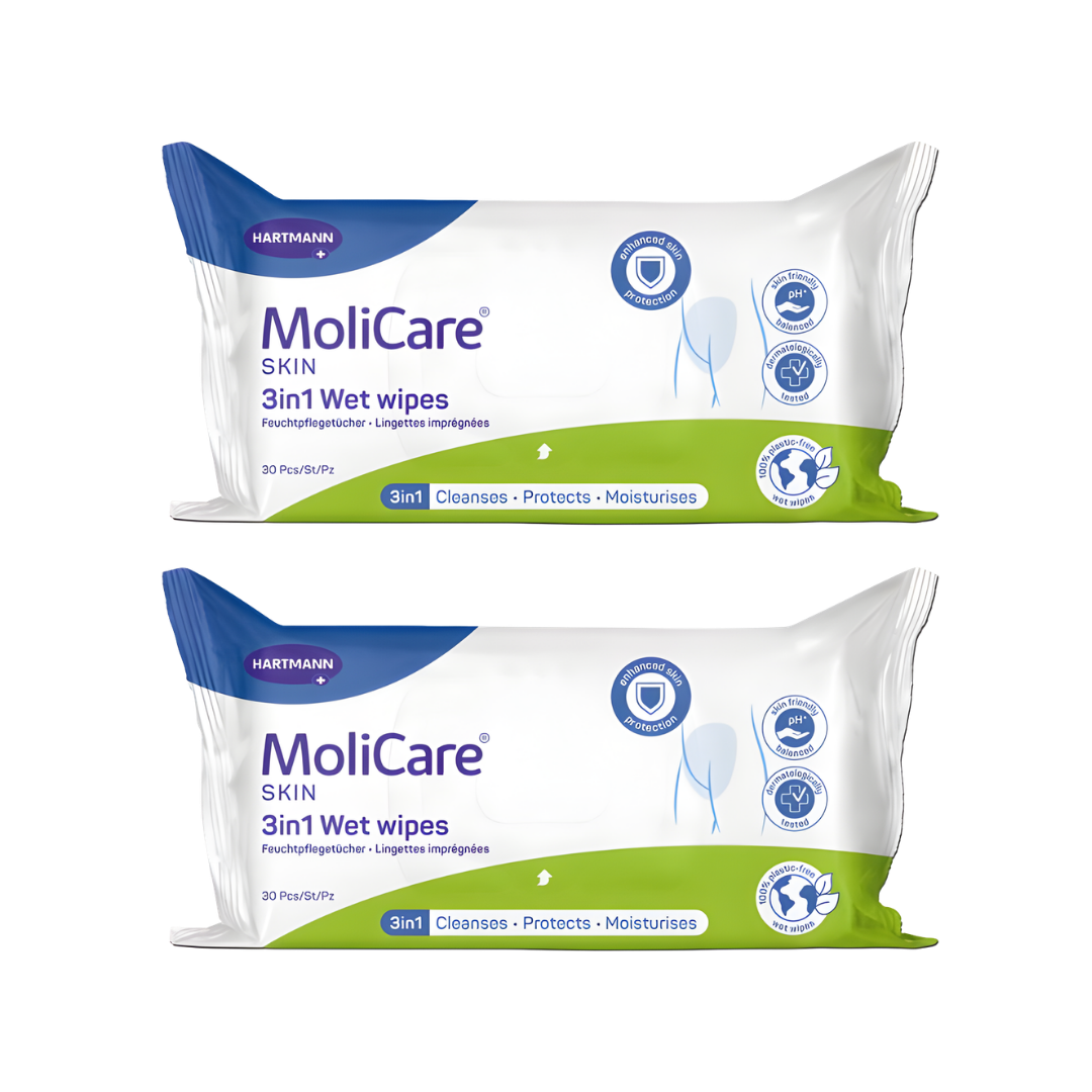 MoliCare Skin 3-in-1 Wet Wipes cleanse, moisturise, and protect sensitive skin for daily continence care.