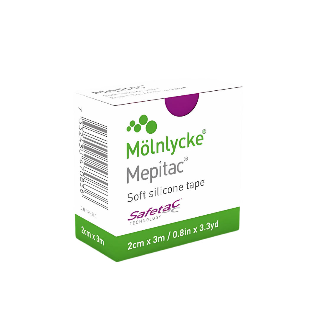 Molnlycke Mepitac Silicone Tape roll – soft silicone adhesive for sensitive skin care and wound dressing fixation.