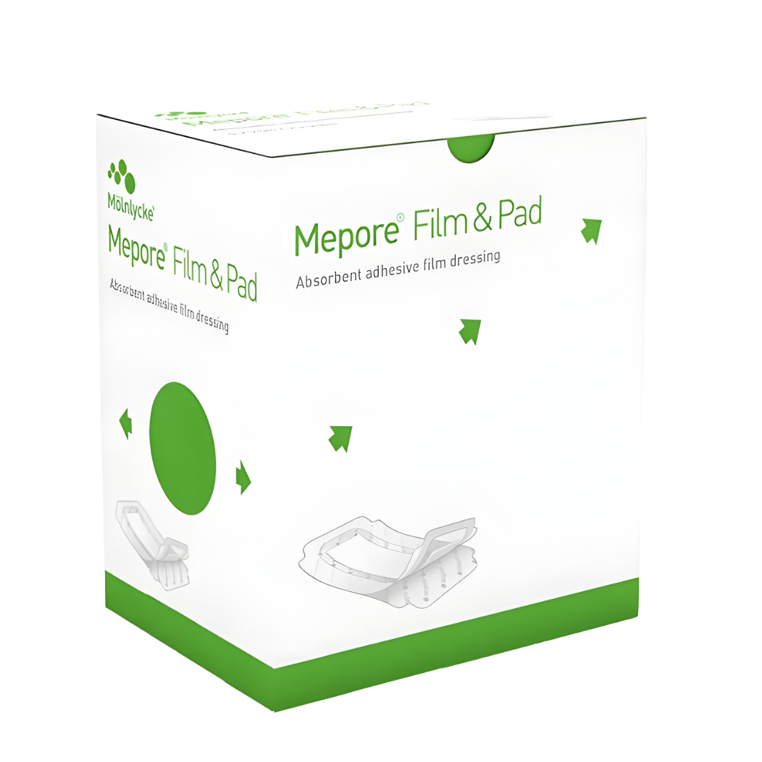 Tall retail box of Mölnlycke Mepore Film & Pad dressings, size 9 x 15 cm (3.6 x 6 in).