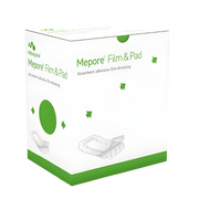 Tall retail box of Mölnlycke Mepore Film & Pad dressings, size 9 x 15 cm (3.6 x 6 in).