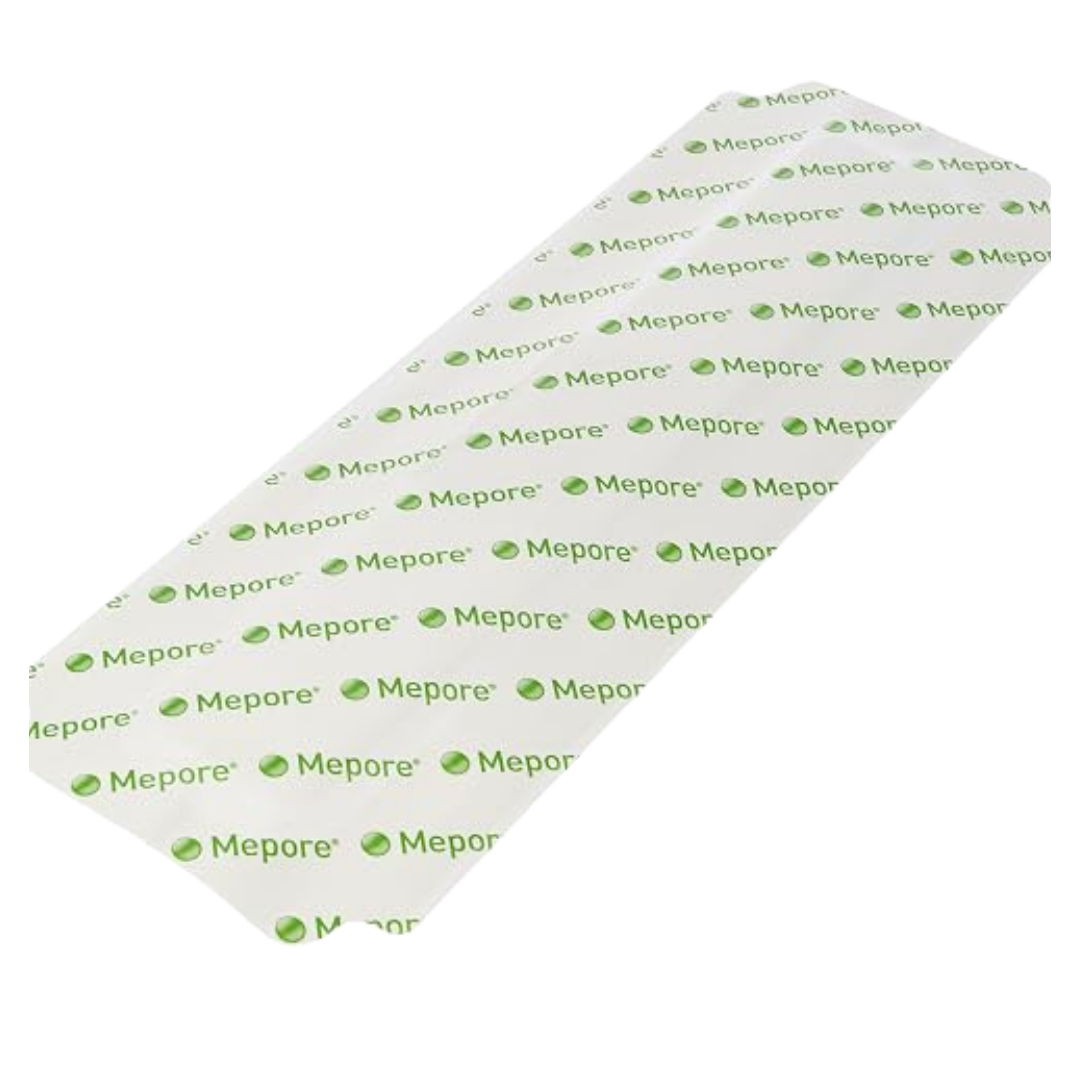Tall retail box of Mölnlycke Mepore Film & Pad dressings, size 9 x 15 cm (3.6 x 6 in).