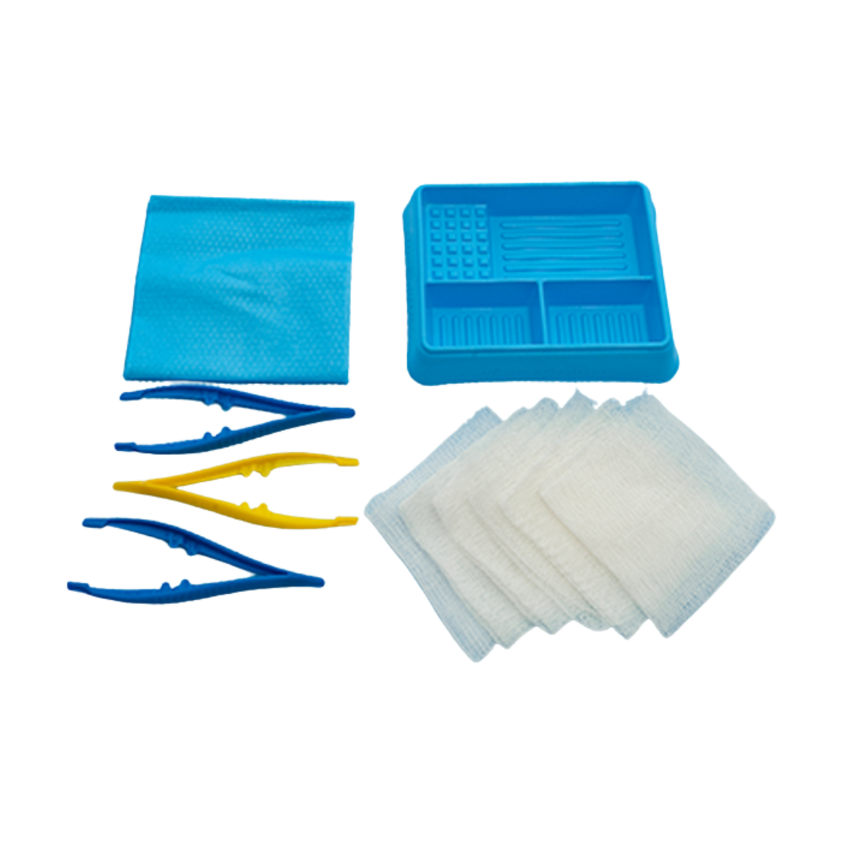 Unpacked Multigate Basic Dressing Pack showing a blue plastic compartment tray, folded blue sterile field drape, two blue plastic forceps, one yellow plastic forceps, and a stack of white non-woven swabs on a transparent background.