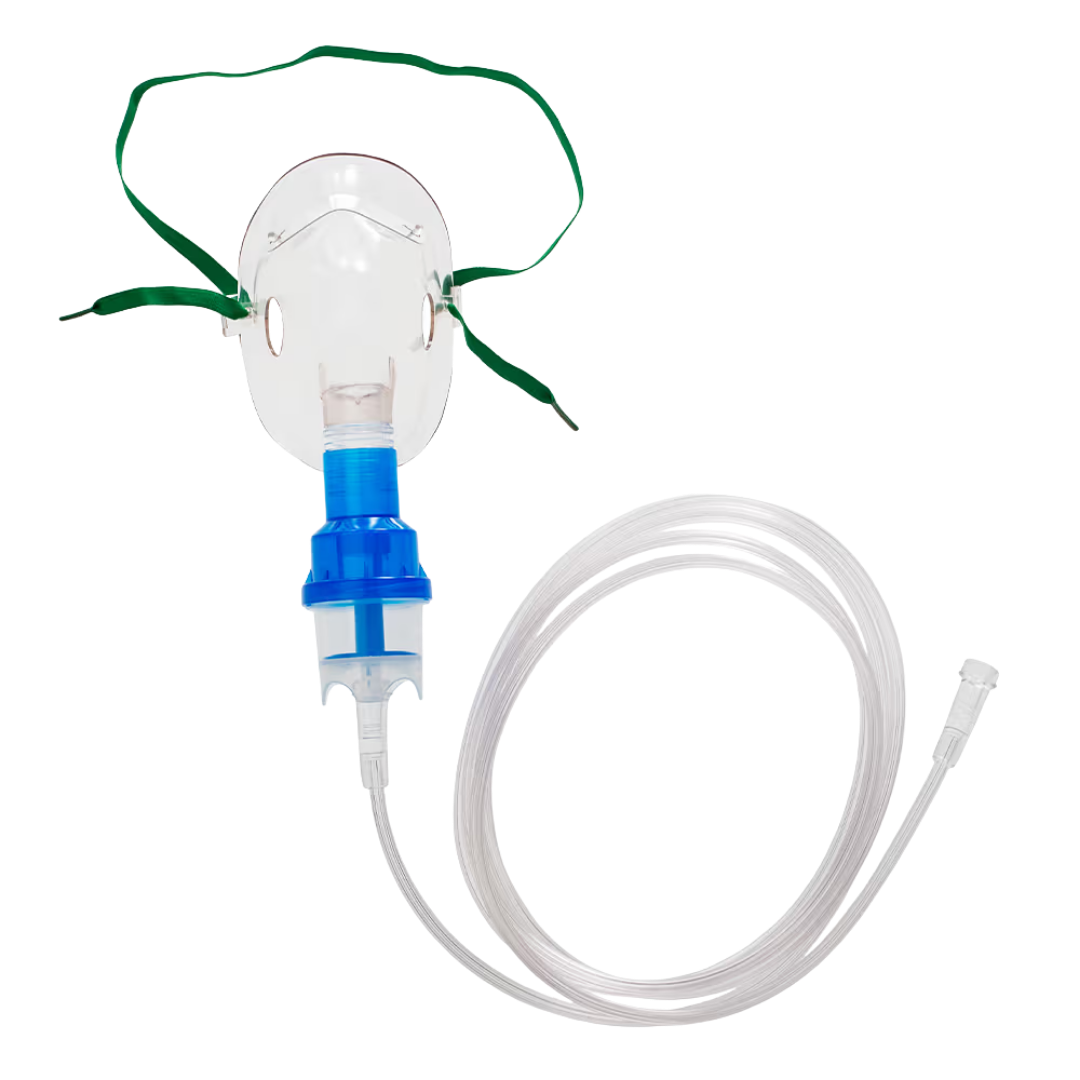 Nebuliser kit with 10mL jar, standard shape mask, and 2.1m kink-resistant tubing made from medical-grade PVC for safe, effective respiratory therapy.