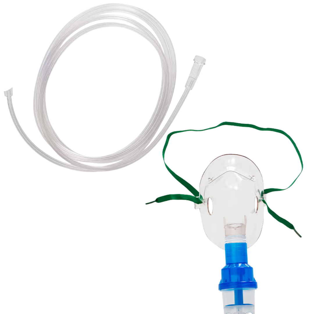Nebuliser kit with 10mL jar, standard shape mask, and 2.1m kink-resistant tubing made from medical-grade PVC for safe, effective respiratory therapy.