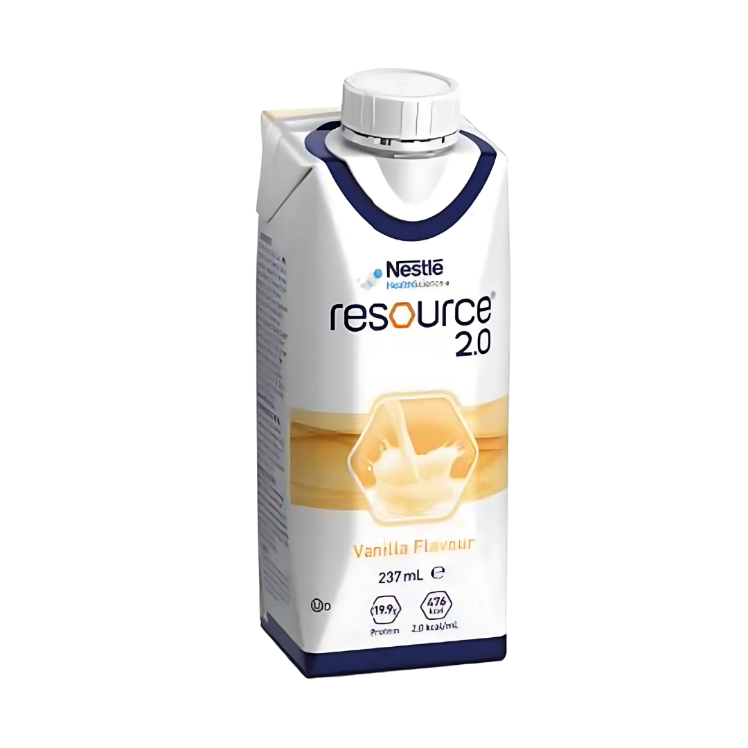 Nestlé Resource 2.0 Vanilla 237ml bottle – high-protein, high-calorie nutritional drink for aged care and recovery support.