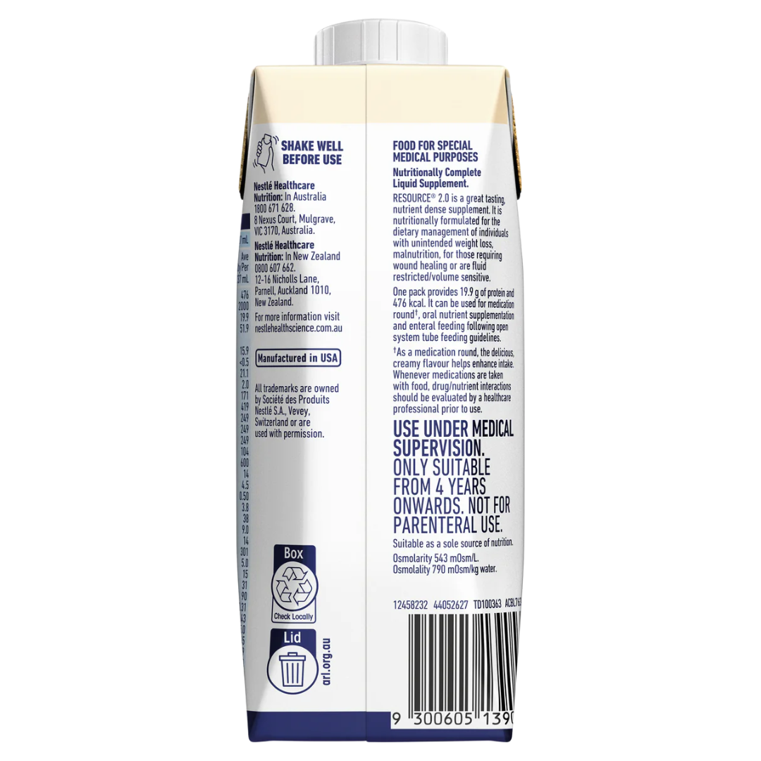 Nestlé Resource 2.0 Vanilla 237ml bottle – high-protein, high-calorie nutritional drink for aged care and recovery support.