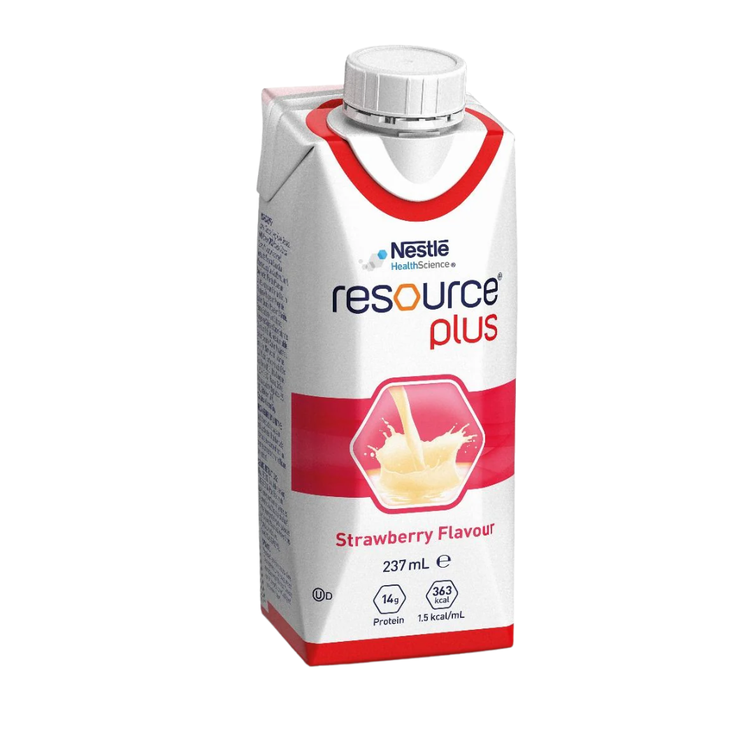 Nestlé Resource Plus Strawberry Prism 237mL bottle, a high-protein, high-energy nutritional drink with strawberry flavour, designed for recovery, aged care, and clinical nutrition support.