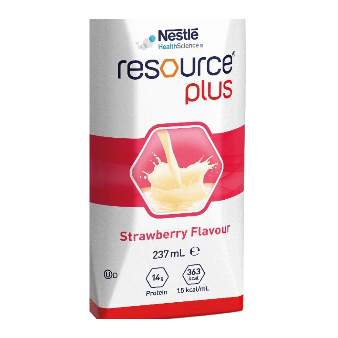 Nestlé Resource Plus Strawberry Prism 237mL bottle, a high-protein, high-energy nutritional drink with strawberry flavour, designed for recovery, aged care, and clinical nutrition support.