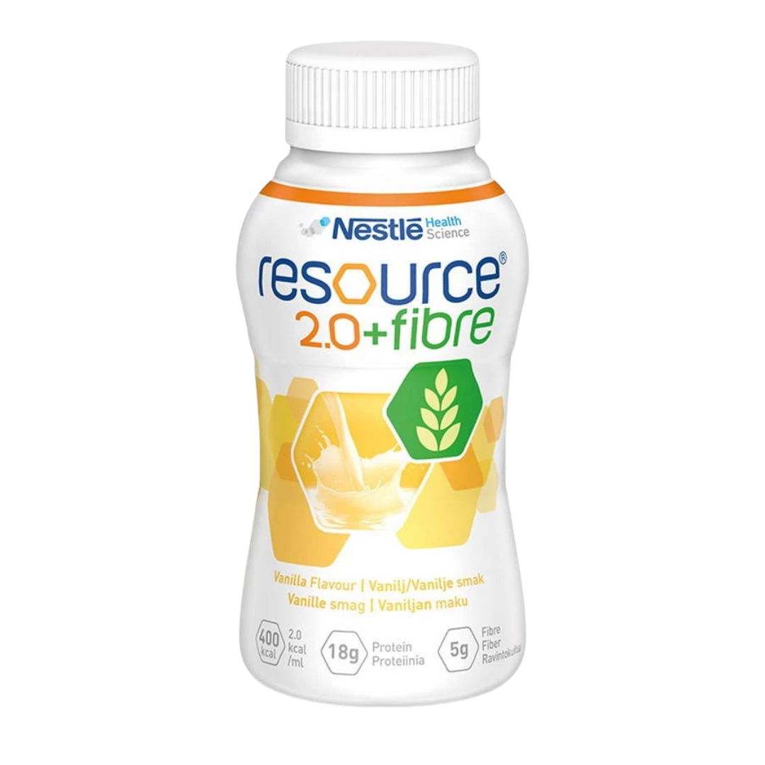 Nestlé Resource 2.0 Fibre Vanilla 200ml nutrition drink in a ready-to-drink bottle, featuring a vanilla flavor and high-calorie, high-protein formula with fibre.