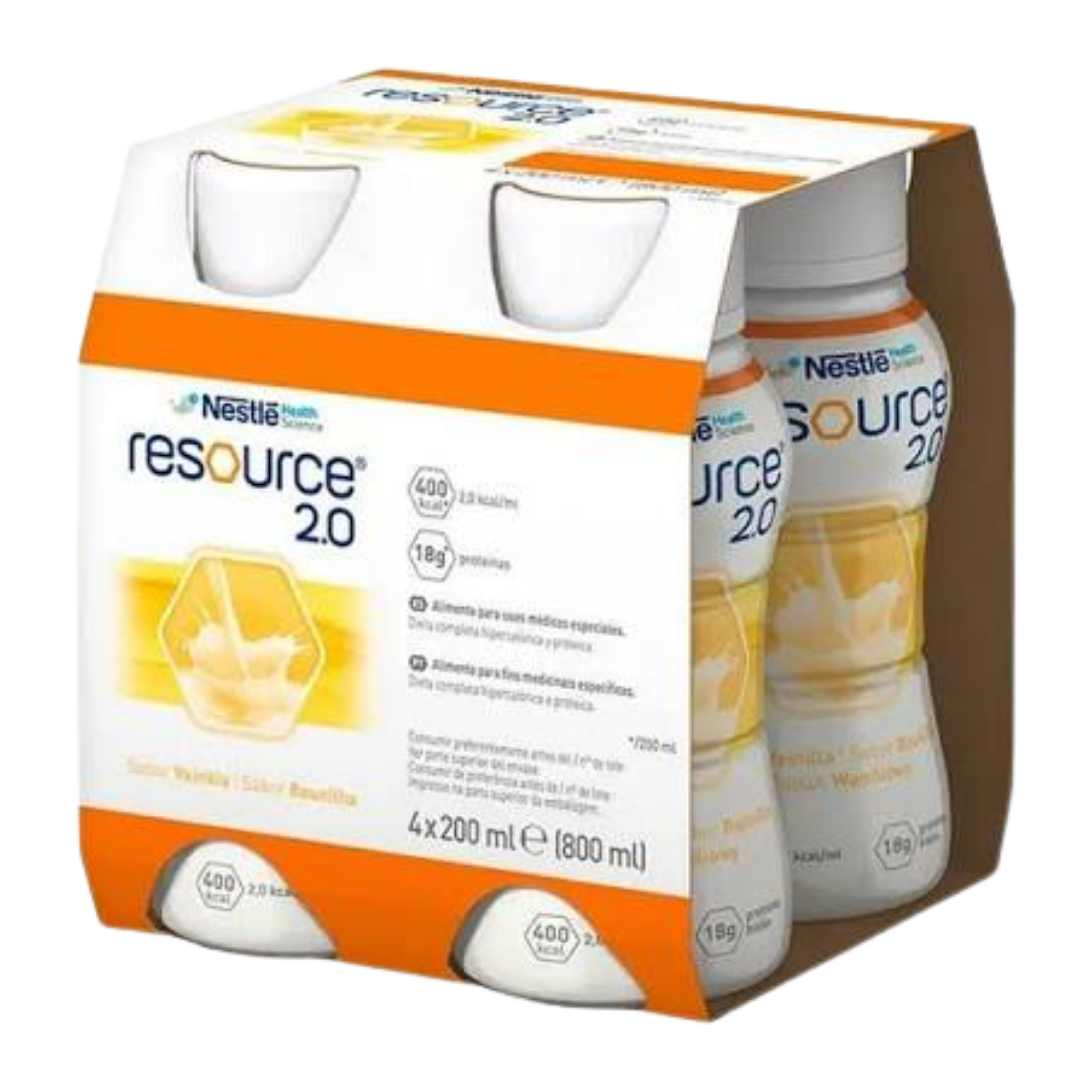 Nestlé Resource 2.0 Fibre Vanilla 200ml nutrition drink in a ready-to-drink bottle, featuring a vanilla flavor and high-calorie, high-protein formula with fibre.