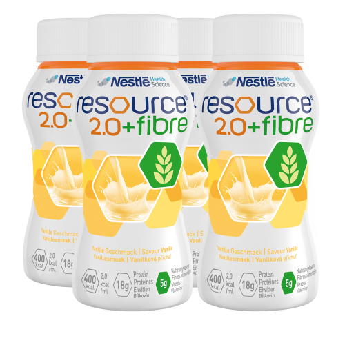 Nestlé Resource 2.0 Fibre Vanilla 200ml nutrition drink in a ready-to-drink bottle, featuring a vanilla flavor and high-calorie, high-protein formula with fibre.