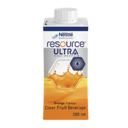 Clear orange fruit beverage in 200ml bottle, providing protein and energy support for aged care, hospital patients, and everyday nutrition.