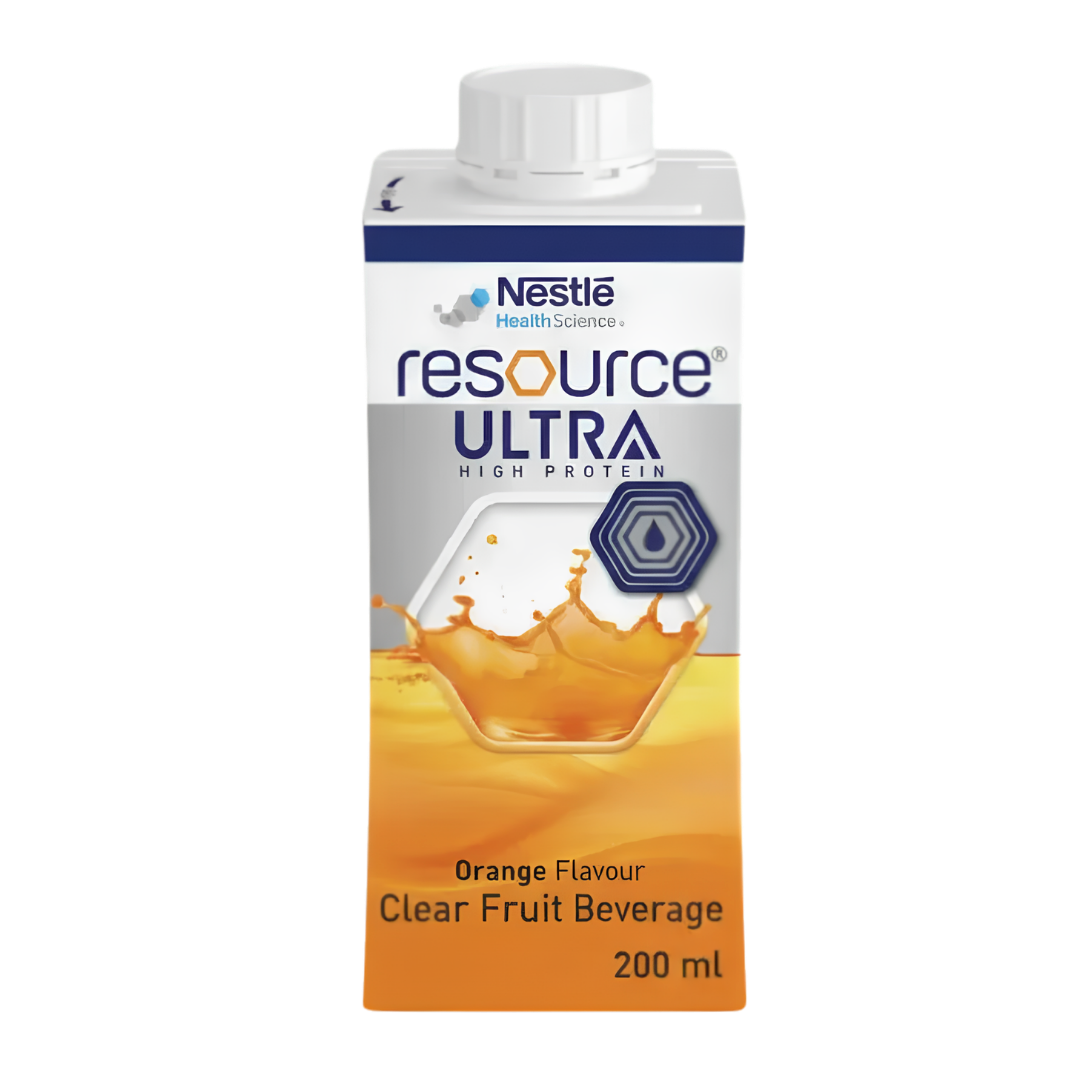 Clear orange fruit beverage in 200ml bottle, providing protein and energy support for aged care, hospital patients, and everyday nutrition.