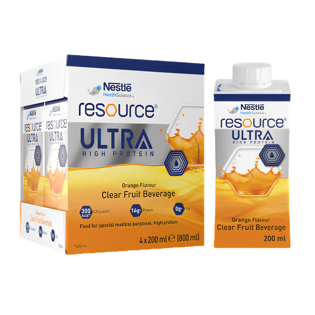 Clear orange fruit beverage in 200ml bottle, providing protein and energy support for aged care, hospital patients, and everyday nutrition.