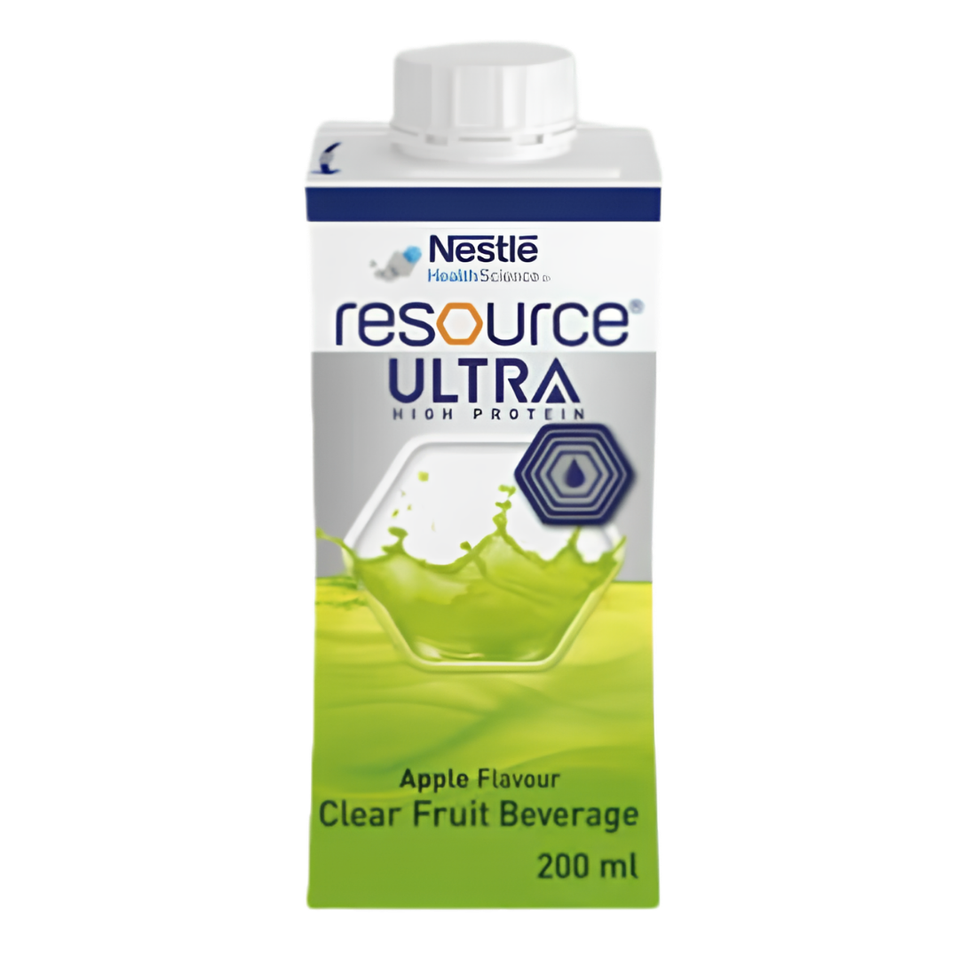 Nestlé Resource Ultra Clear Fruit Beverage 200ml in orange and apple flavours, providing refreshing protein and energy support for daily nutrition.