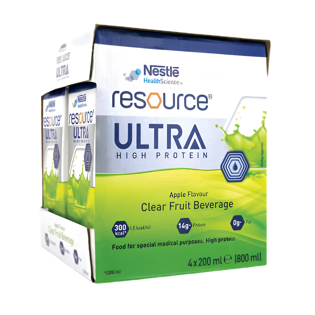 Nestlé Resource Ultra Clear Fruit Beverage 200ml in orange and apple flavours, providing refreshing protein and energy support for daily nutrition.