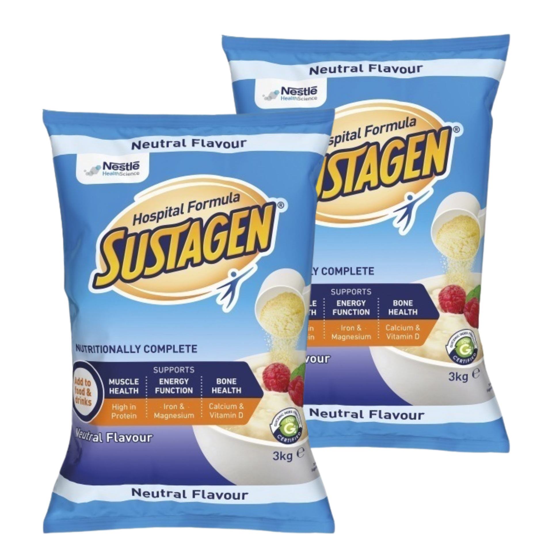 Two packages of Nestle Sustagen Hospital Formula on a white background