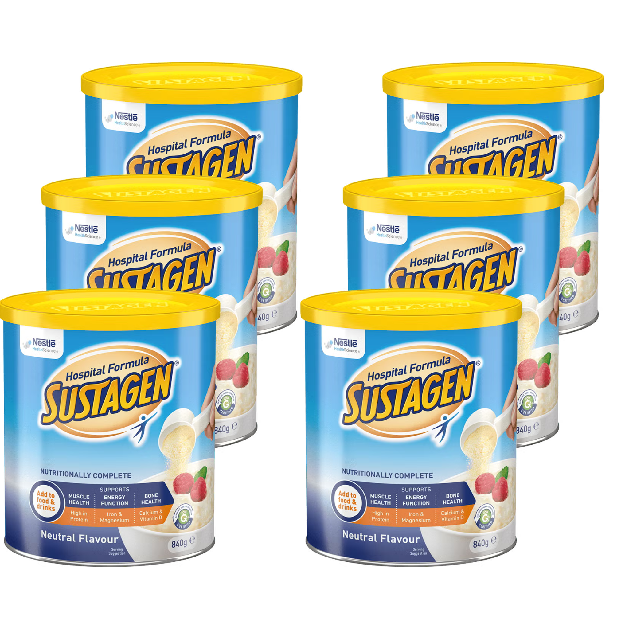 Multiple containers of Nestle Sustagen Hospital Formula on a white background