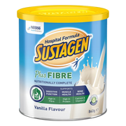 Sustagen Plus Fibre supplement container with yellow lid on a white background
